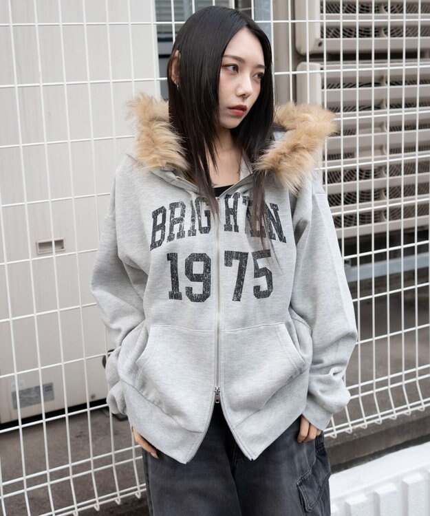 WEGO 裏起毛ファーフードBIGZIPパーカー 杢グレー