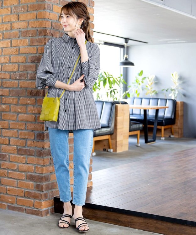 Tiaclasse 【洗える】パフ袖シャツチュニックブラウス ブラックギンガム