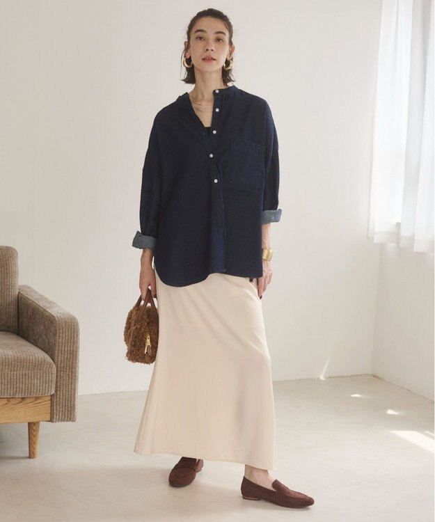 WEGO 【ANGIE VINTAGE】オーバーサイズ バンドカラー デニムシャツ ネイビー