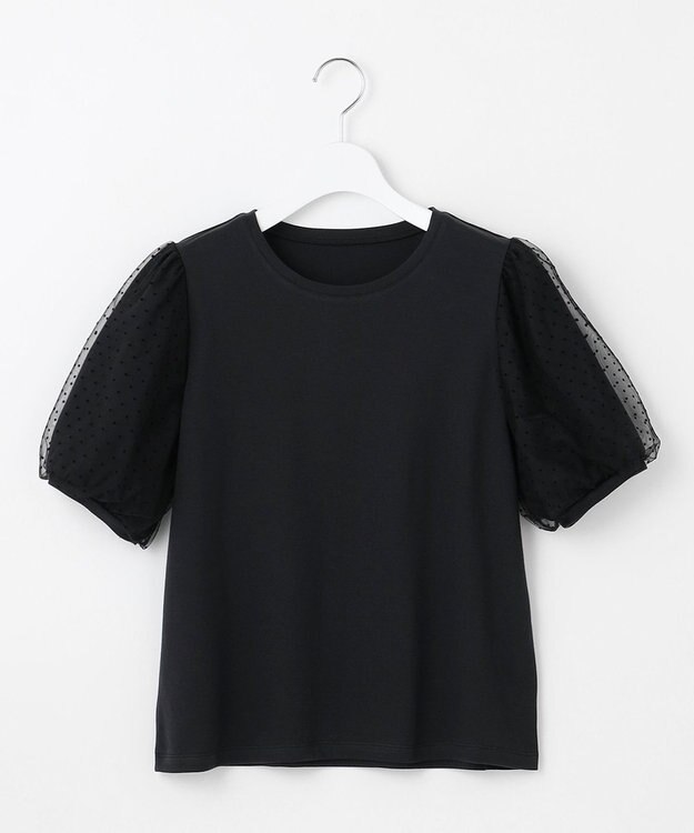 Feroux 【汗ジミが目立たない・洗える】チュール袖パフスリーブ Tシャツ ブラック系
