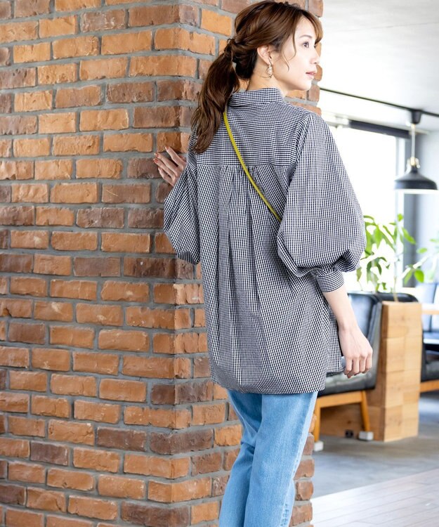 Tiaclasse 【洗える】パフ袖シャツチュニックブラウス ブラックギンガム