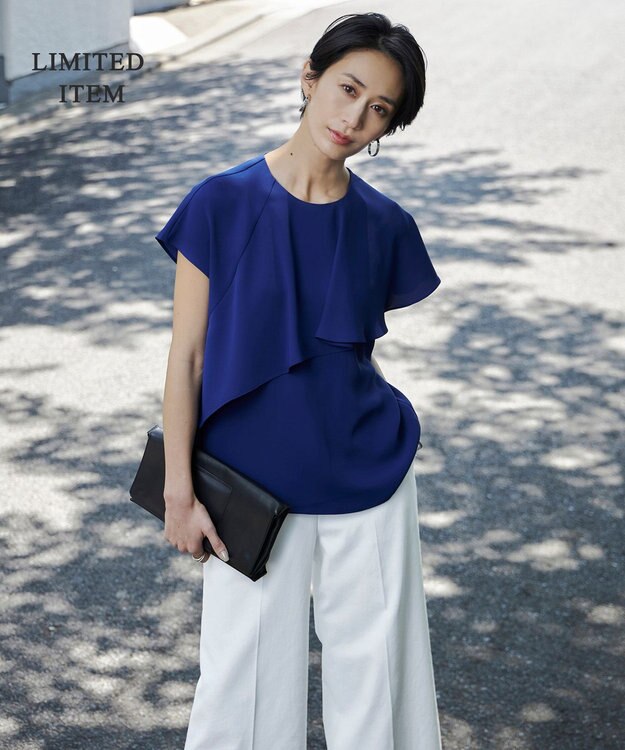 ICB 【接触冷感・UVケア・防シワ・洗える】エステルダブルクロス  ラッフルデザインブラウス ロイヤルブルー系