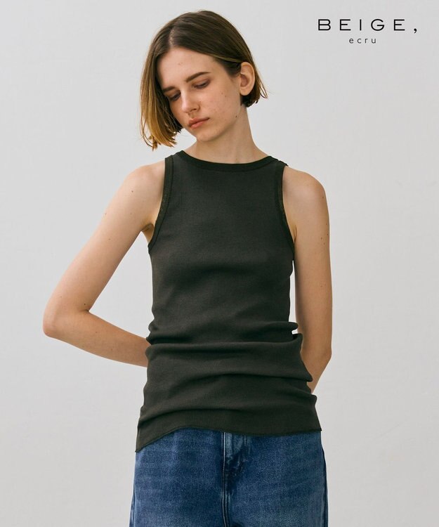 BEIGE， 【BEIGE,ecru/WEB限定・洗える】RIB TOPS /  コットンシルクアメリカンスリーブトップス Khaki
