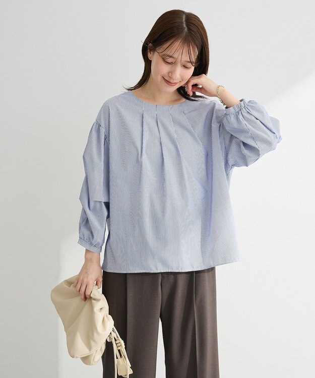 Green Parks イージーケア袖タックブラウス Stripe Blue