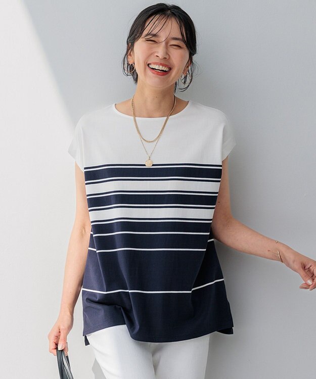 23区 L 【洗える】ランダムボーダー フレンチスリーブ カットソー オフ×ネイビーボーダー