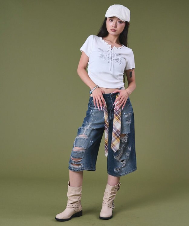 WEGO タイ付きダメージハーフデニムパンツ デニム