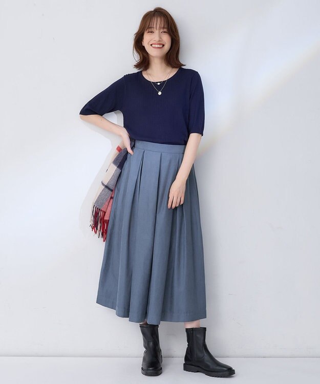 ANY L 【ウエストゴム】ベロアタッチタックスカート ブルー