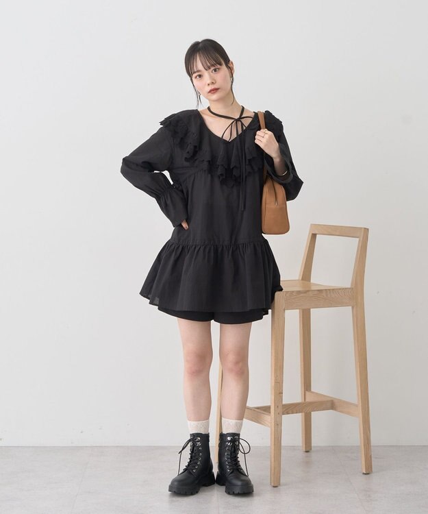earth music&ecology 【綿100％】サイドリボンラッフルミニワンピース Black