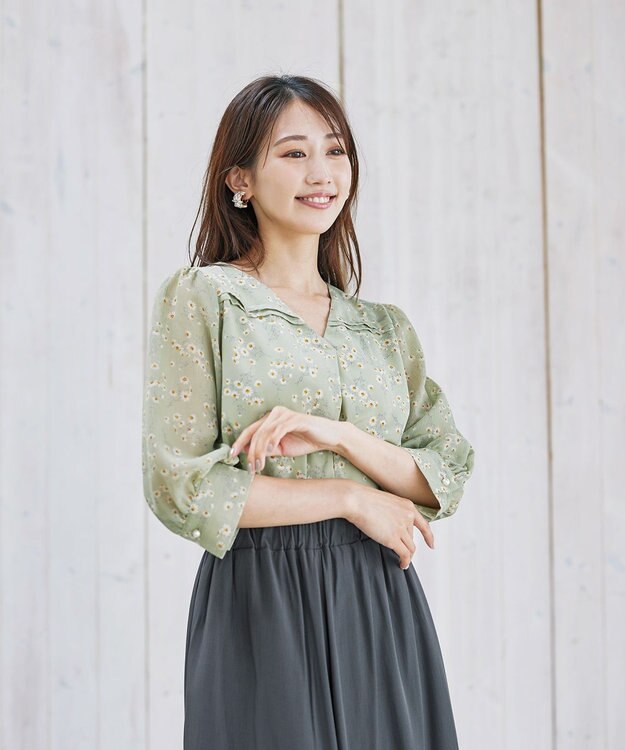 Tiaclasse L 【洗える】花柄Vネックブラウス グリーン