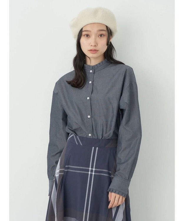 earth music&ecology スタンドフリルシャツ Blue