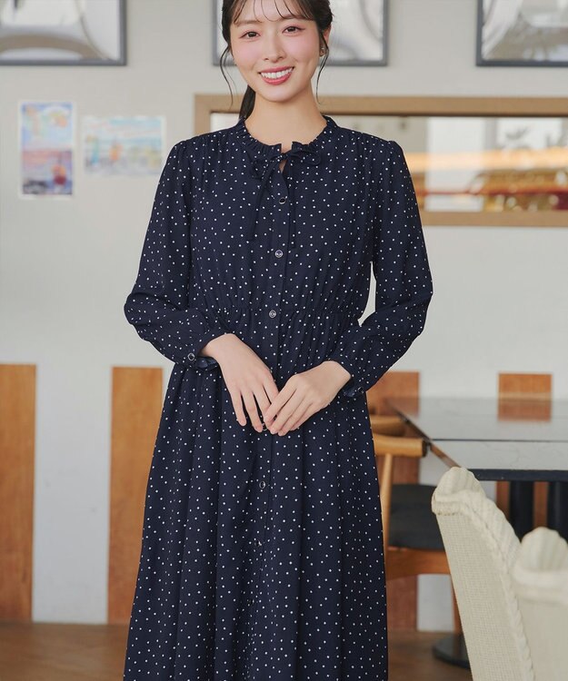 Tiaclasse L 襟フリルリボンワンピース ネイビードット