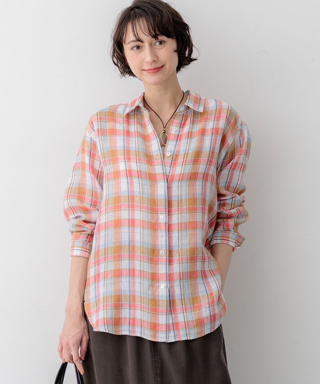 23区 【先行予約/見上愛さん着用】LIBECOリネン チェック シャツ オレンジ系