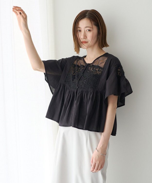 YECCA VECCA 刺繍レースブラウス Black