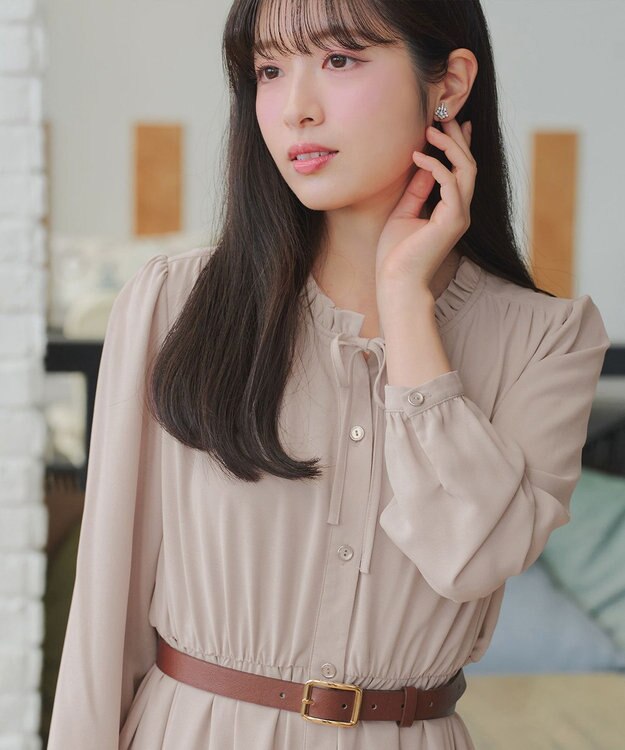 Tiaclasse L 襟フリルリボンワンピース ベージュ