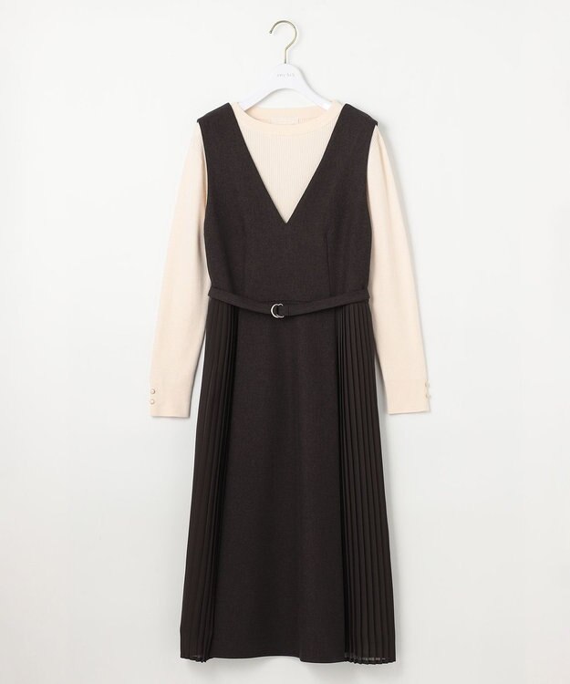 ANY SIS 【2SET】プリーツコンビ ジャンパースカート セット ブラウン×アイボリー