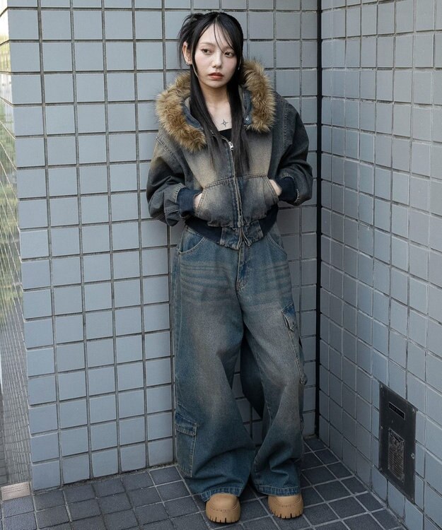 WEGO ファーフードデニムショートブルゾン デニム中濃加工色