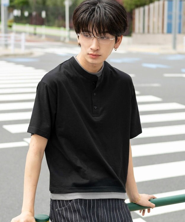 WEGO 【ユニセックス着用ITEM/MLサイズ展開】フェイクレイヤードヘンリーネックT（SS） ブラック