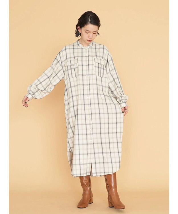 AMERICAN HOLIC イージーケアＷポケットシャツワンピース Check Ivory