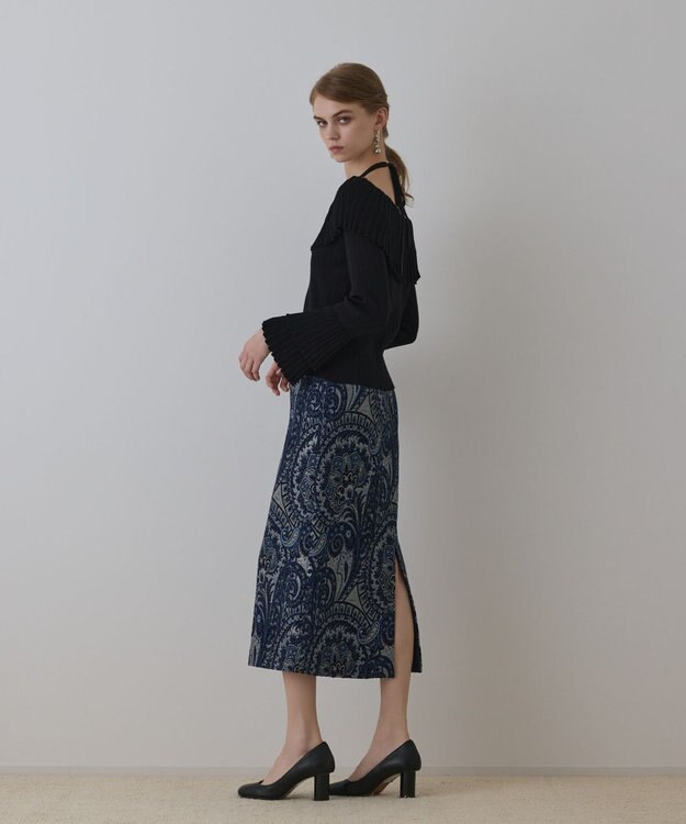 GRACE CONTINENTAL ラメペイズリージャガードスカート ネイビー