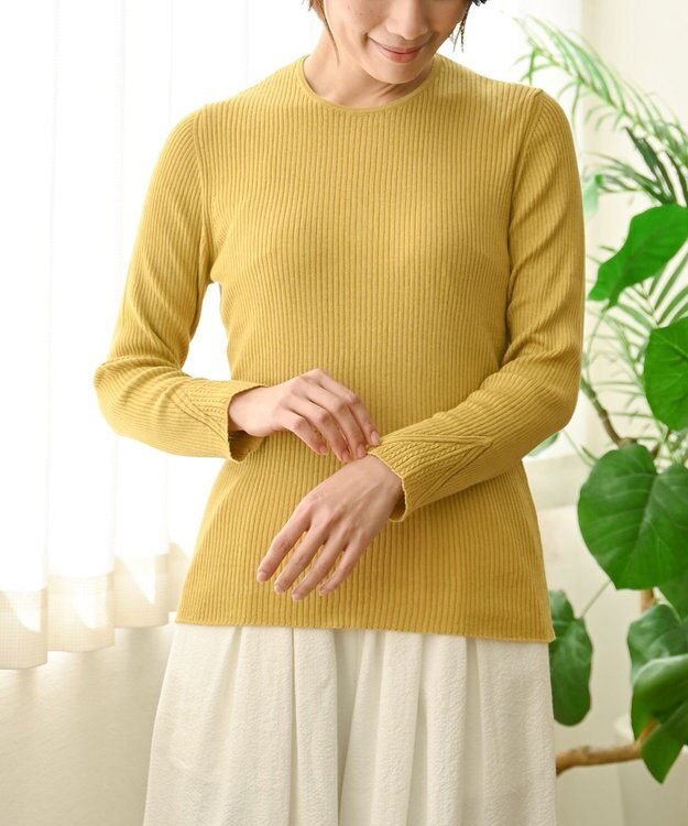 muuc 〈高品質シルク＆スーピマ超長綿〉〈洗えるニット〉〈通年着られる〉袖口模様編み プルオーバー イエロー