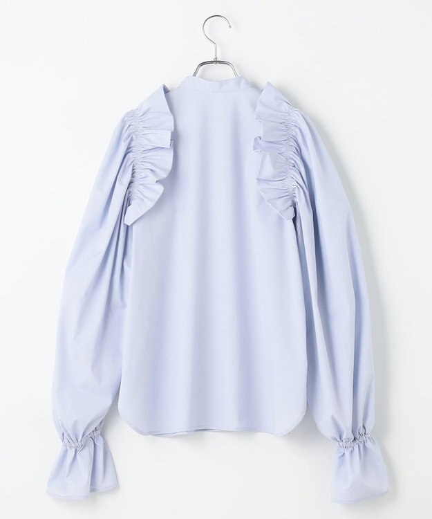 #Newans 【洗濯機可能/シワになりにくい】〈春名亜美さんコラボ〉ショルダーフリルブラウス サックス