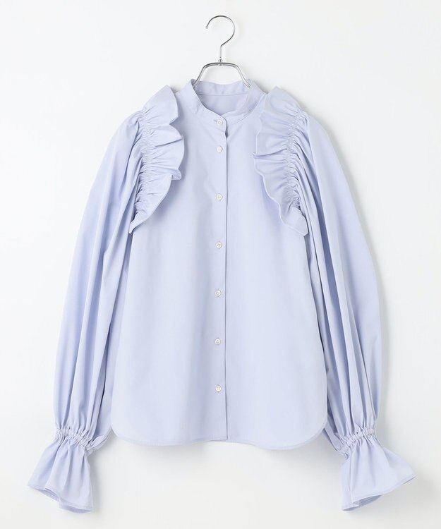 #Newans 【洗濯機可能/シワになりにくい】〈春名亜美さんコラボ〉ショルダーフリルブラウス サックス