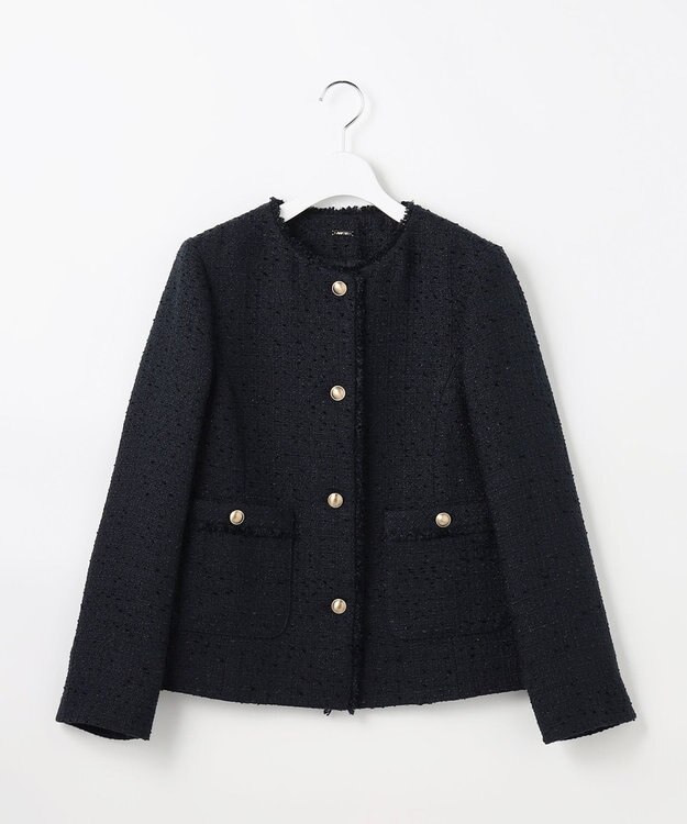 ANY SIS L ノーカラーフリンジツイード ジャケット ネイビー