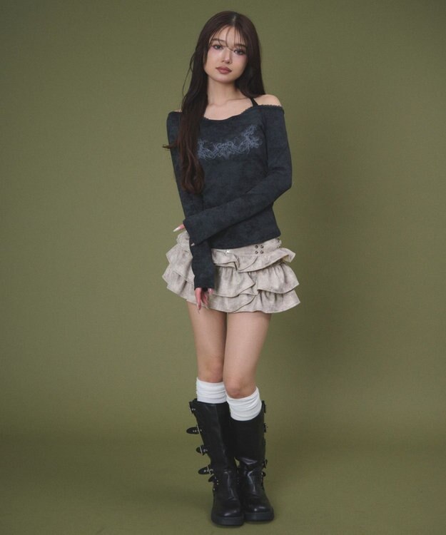 WEGO グラフィックオフショルレーストップ ブラック