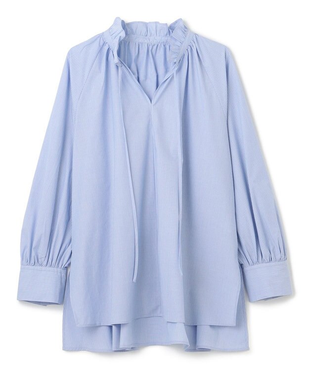UNFILO ギャザーオーバーブラウス ブルーストライプ