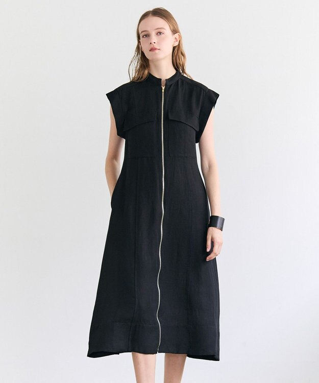BEIGE， BERNARD / リネン混 フロントジップ スタンドカラードレス Black