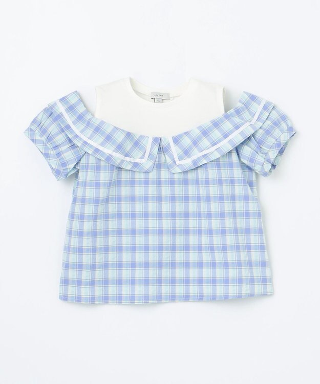 ANY KIDS チェック オフショルダー ブラウス サックスブルー