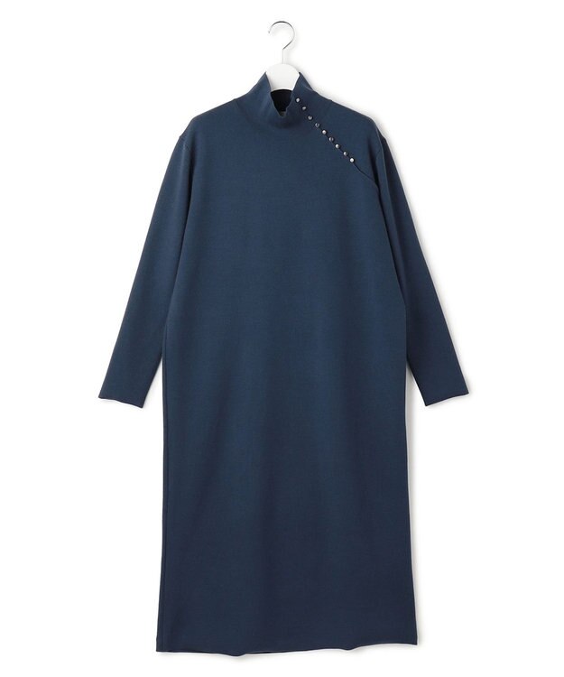 ICB 【洗える】 シルキーウールダブルフェイス ハイネックニットワンピース ブルーグレー