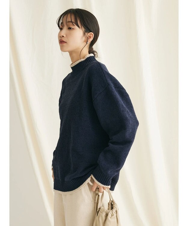 CRAFT STANDARD BOUTIQUE 洗えるモールニット配色プルオーバー Navy