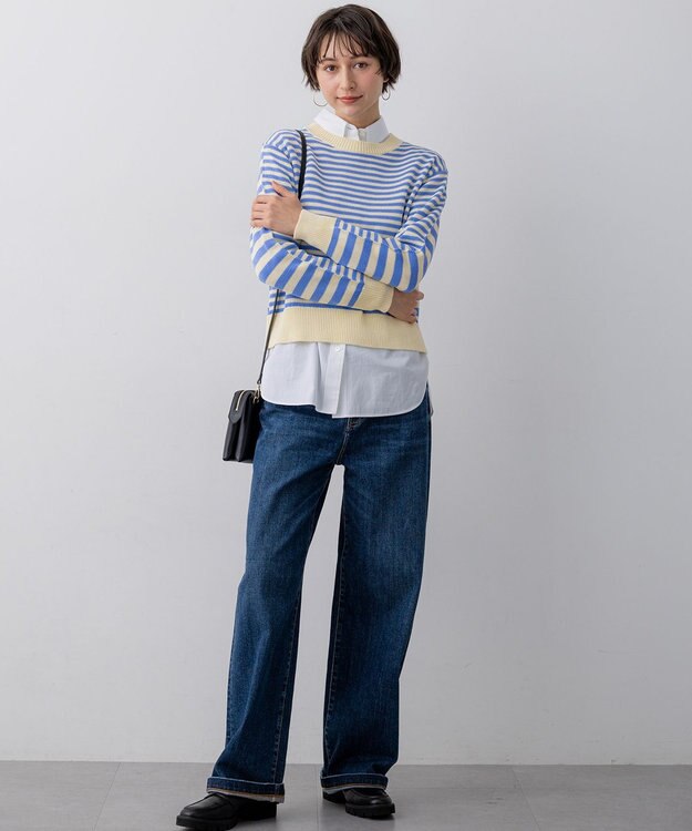 23区 【先行予約】コットンギマ クルーネック ニット ライトイエロー×スカイブルー系