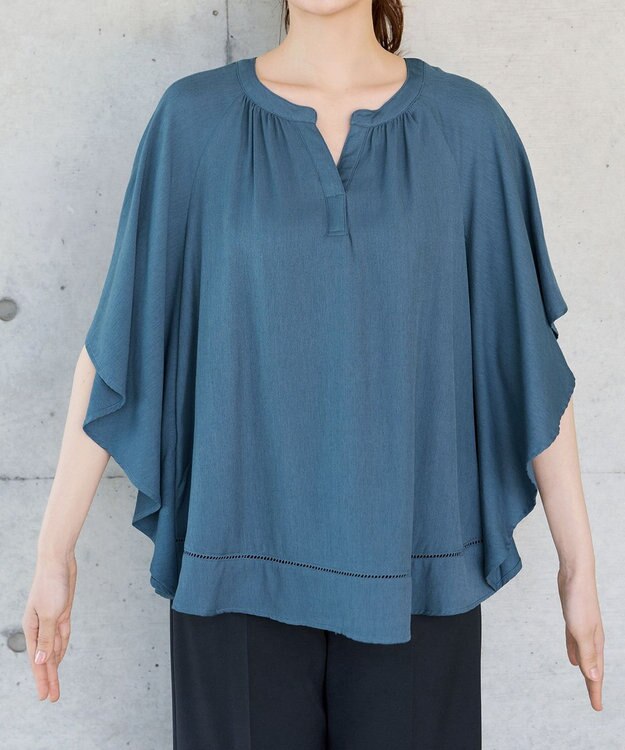 Tiaclasse リネンライクスラブ スキッパー襟ブラウス ブルーグレー