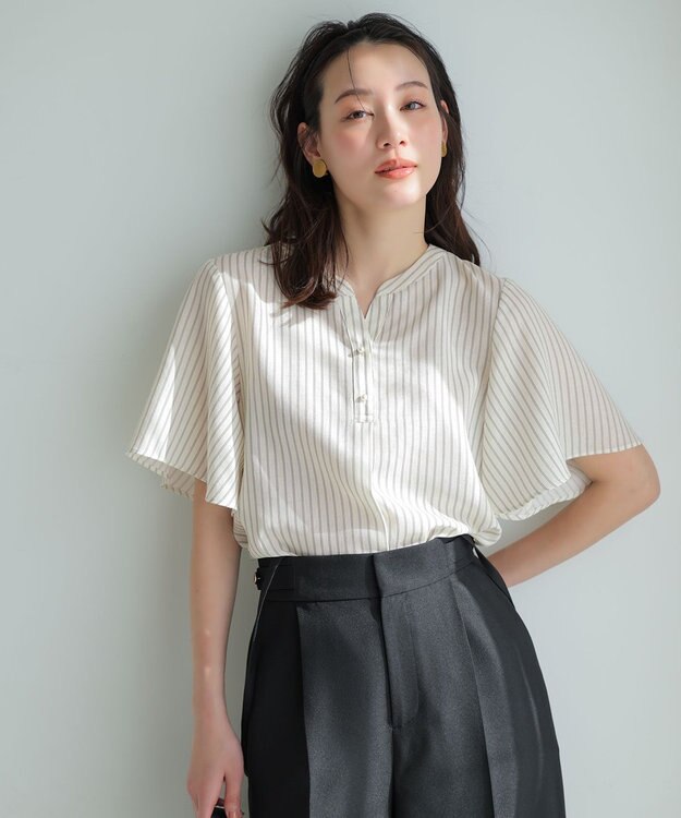 ANY SIS スムージーポリエステル スキッパー ブラウス オフストライプ