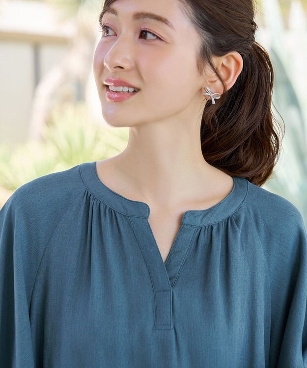 Tiaclasse リネンライクスラブ スキッパー襟ブラウス ブルーグレー