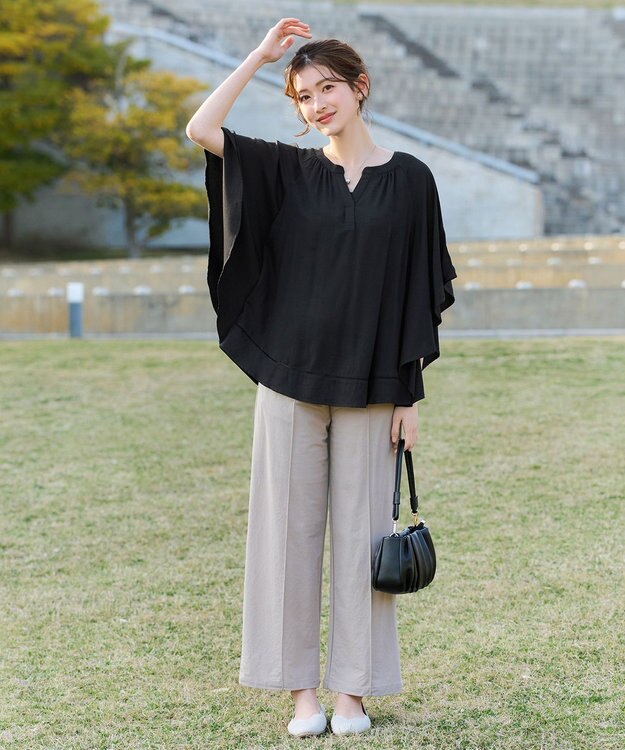 Tiaclasse リネンライクスラブ スキッパー襟ブラウス ブルーグレー