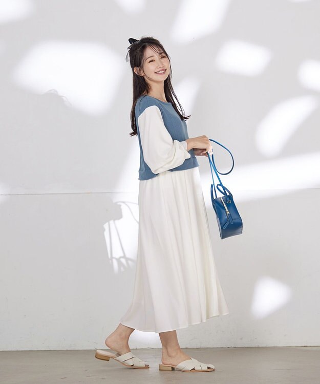 Tiaclasse L 【洗える】一枚でコーデが決まるニットソーレイヤード風ワンピ ブルー×オフ