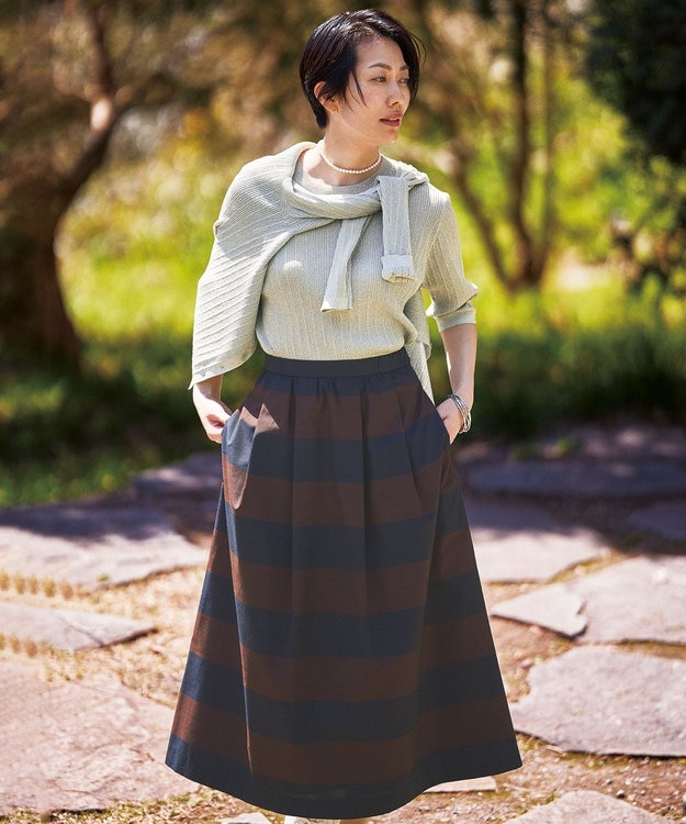 自由区 L 【カタログ掲載・洗える】スラブシャンタン スカート ネイビー×ブラウン