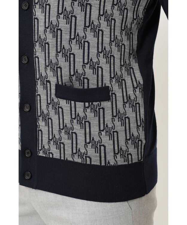 DAKS メリノウールロゴ編みVネックカーディガン ネイビー