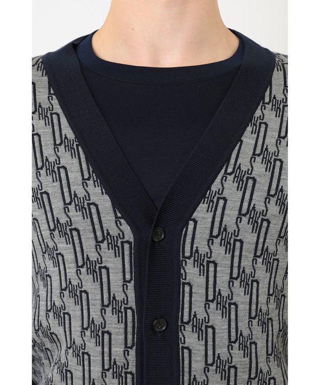 DAKS メリノウールロゴ編みVネックカーディガン ネイビー