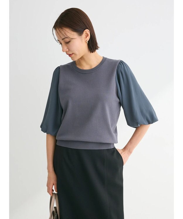 Green Parks 袖楊柳ドッキングニットプルオーバー Gray