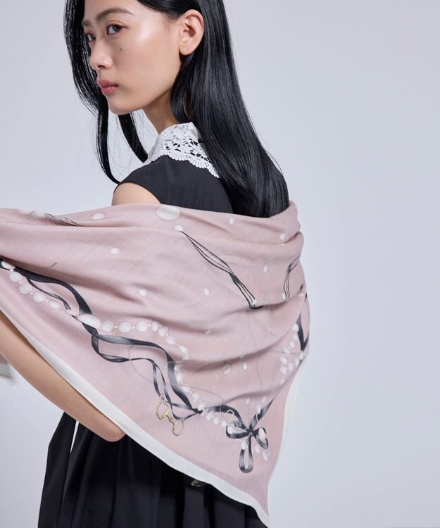 TOCCA PEARL WITH RIBBON WOOL SILK SQUARE STOLE ストール ベージュ系