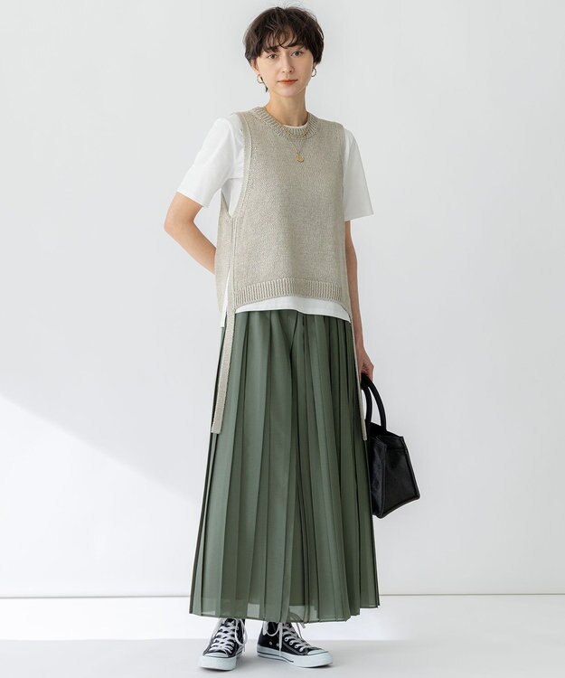 23区 【洗える】シアーコンビ プリーツ スカート カーキ系