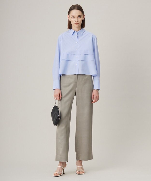 ICB 【洗える】 クリーンブロード クロップドブラウス ブルーストライプ系