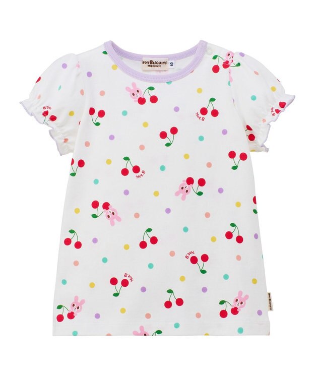 MIKI HOUSE HOT BISCUITS 【80-120cm】キャビット×さくらんぼ 総柄 半袖Tシャツ 白
