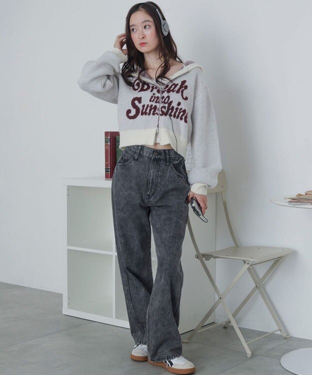 WEGO フラッフィーグラフィックジャガードニットZIPパーカー ホワイトアイボリー