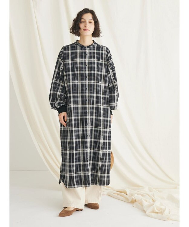 CRAFT STANDARD BOUTIQUE 先染めチェック（小）バンドカラー袖ＲＩＢ　ＯＰ Black