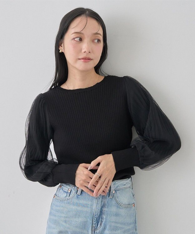 earth music&ecology マジョリカプリーツチュールニットプルオーバー Black